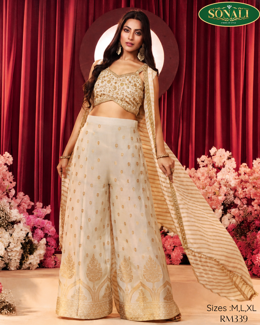 Elegant Ivory & Gold Embroidered Palazzo Set with Designer Crop Top & Dupatta