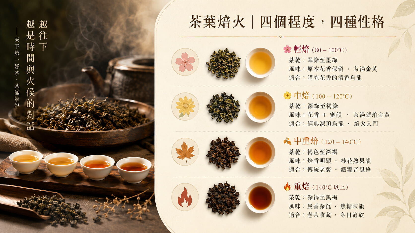 茶葉四級焙火程度完整對照圖，輕焙、中焙、中重焙、重焙的溫度範圍、茶乾顏色、風味與適合對象