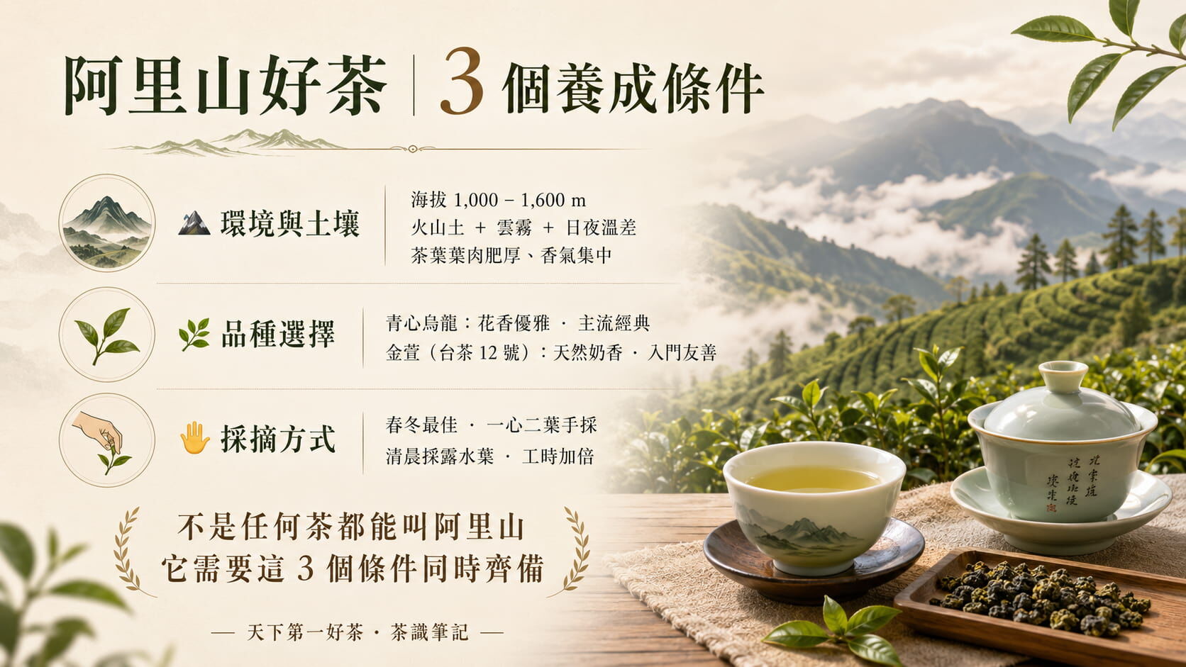阿里山好茶三大養成條件圖,海拔與土壤環境、青心烏龍與金萱品種、手採一心二葉採摘方式