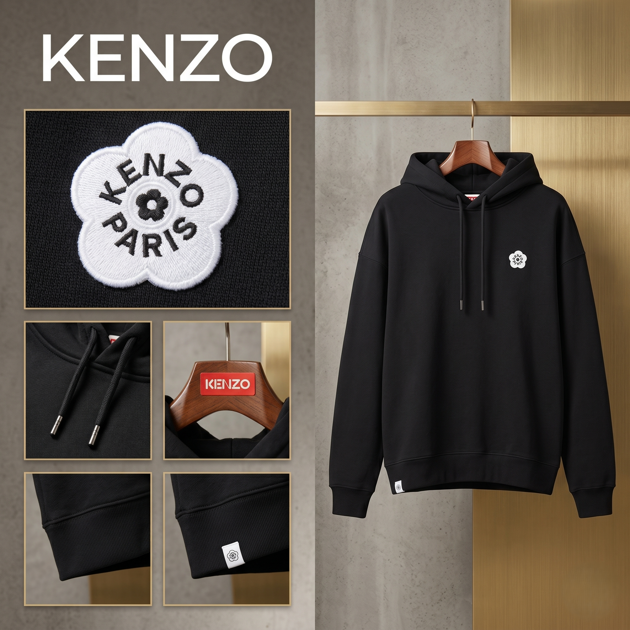 【預購】Kenzo H051838 男裝小花朵有帽衛衣（黑色）