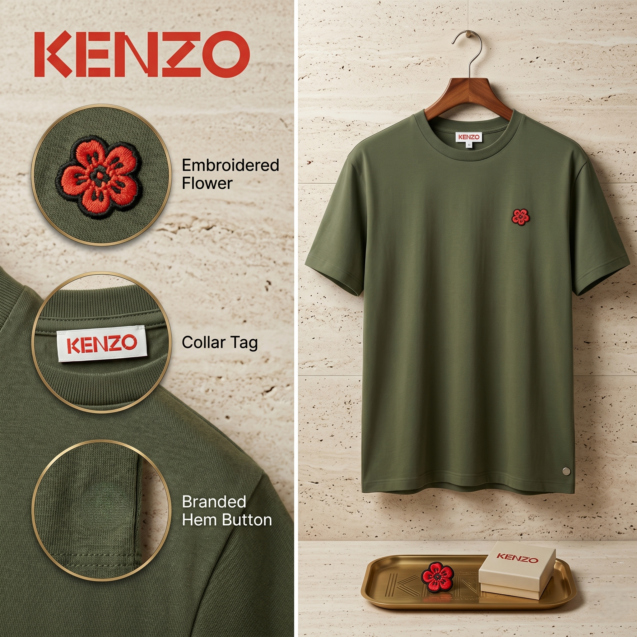 【預購】Kenzo H051829 男裝小花朵短袖上衣（墨綠色）