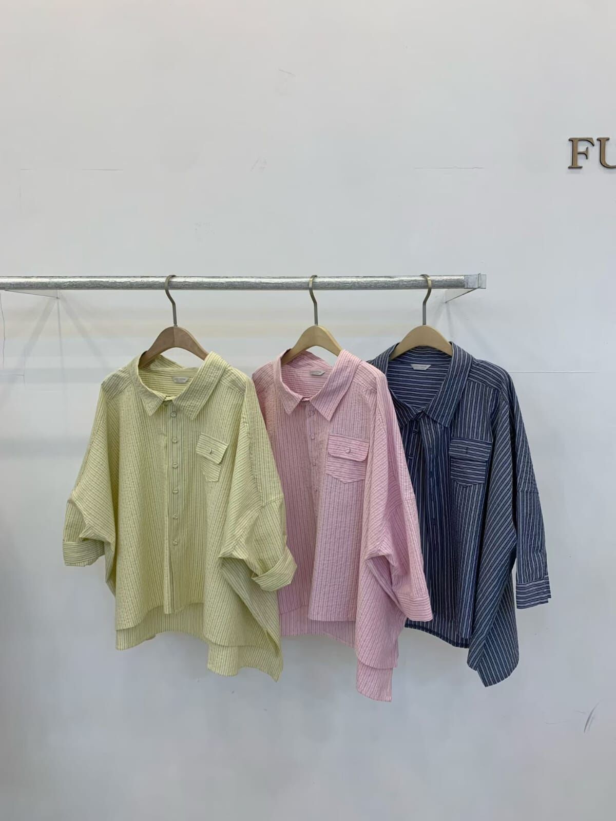 FP6235 寬松竪條紋5分袖襯衫外套