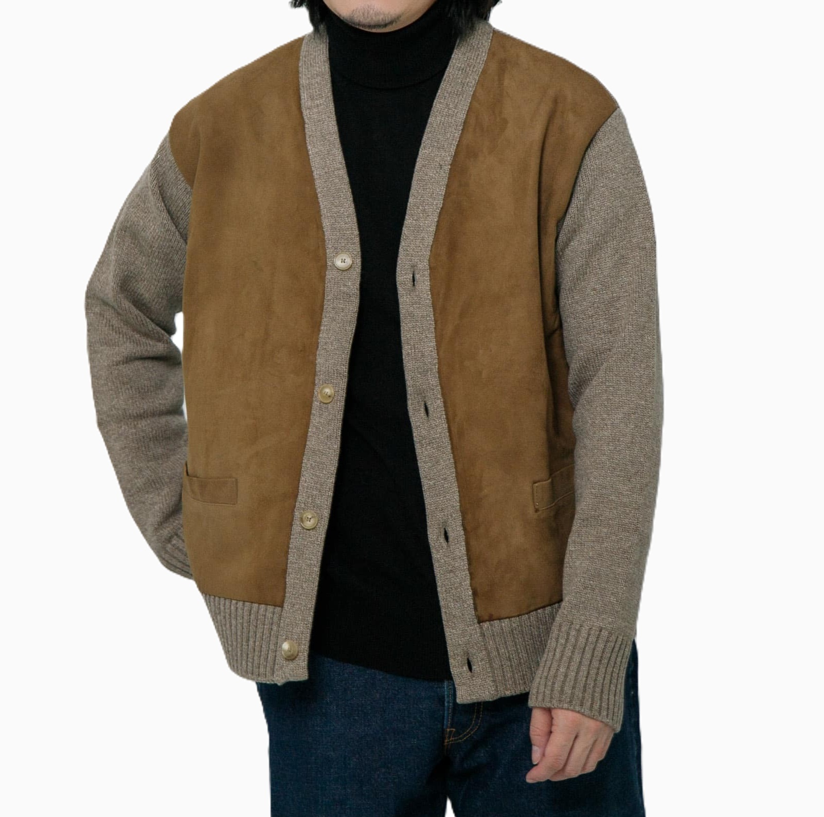 A.PRESSE CASHMERE SUEDE LEATHER COMBINATION CARDIGAN - BEIGE PRE ORDER ITEM (預訂中)
