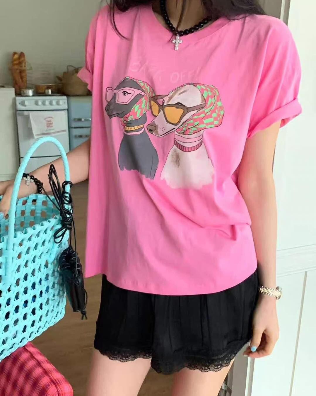 【時髦又可愛的頭巾狗狗造型棉tee】（現貨）