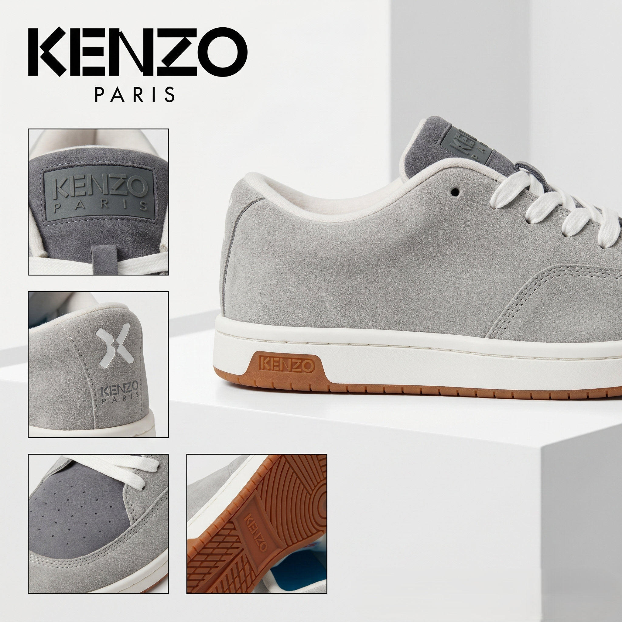 【預購】Kenzo H051813 男女款皮面拼接麂皮休閒鞋（淺灰色）