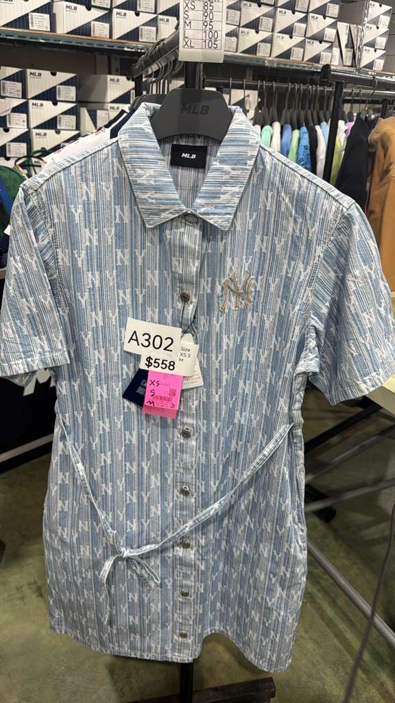 ZX302 MLB 藍色間條滿版NY logo束腰連身裙