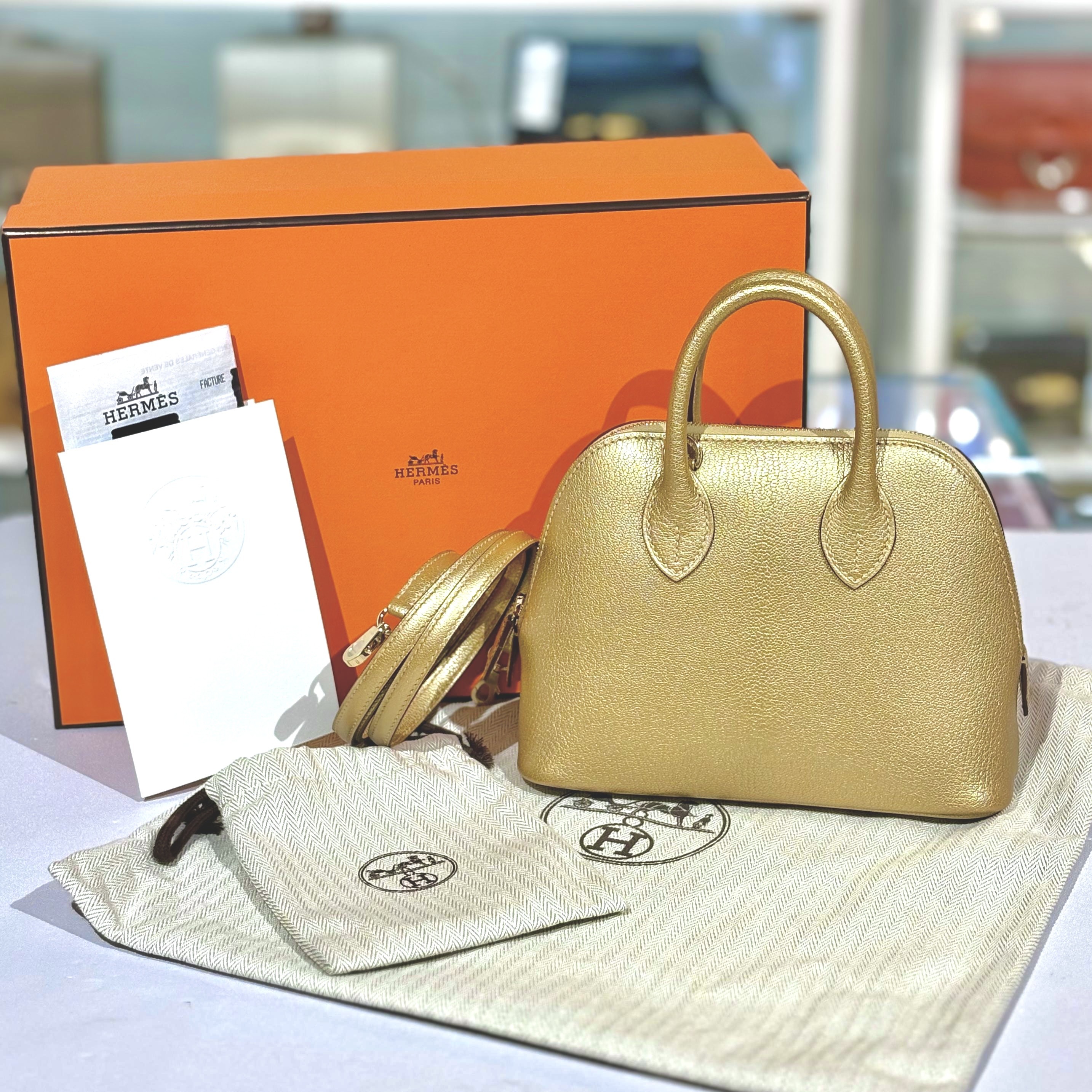 VIP限量版!!! 全新HERMES MINI BOLIDE G刻  Y9/鎏金 奧林匹克 山羊皮 #愛馬仕保齡球袋 #BRAND NEW #香榭站正品