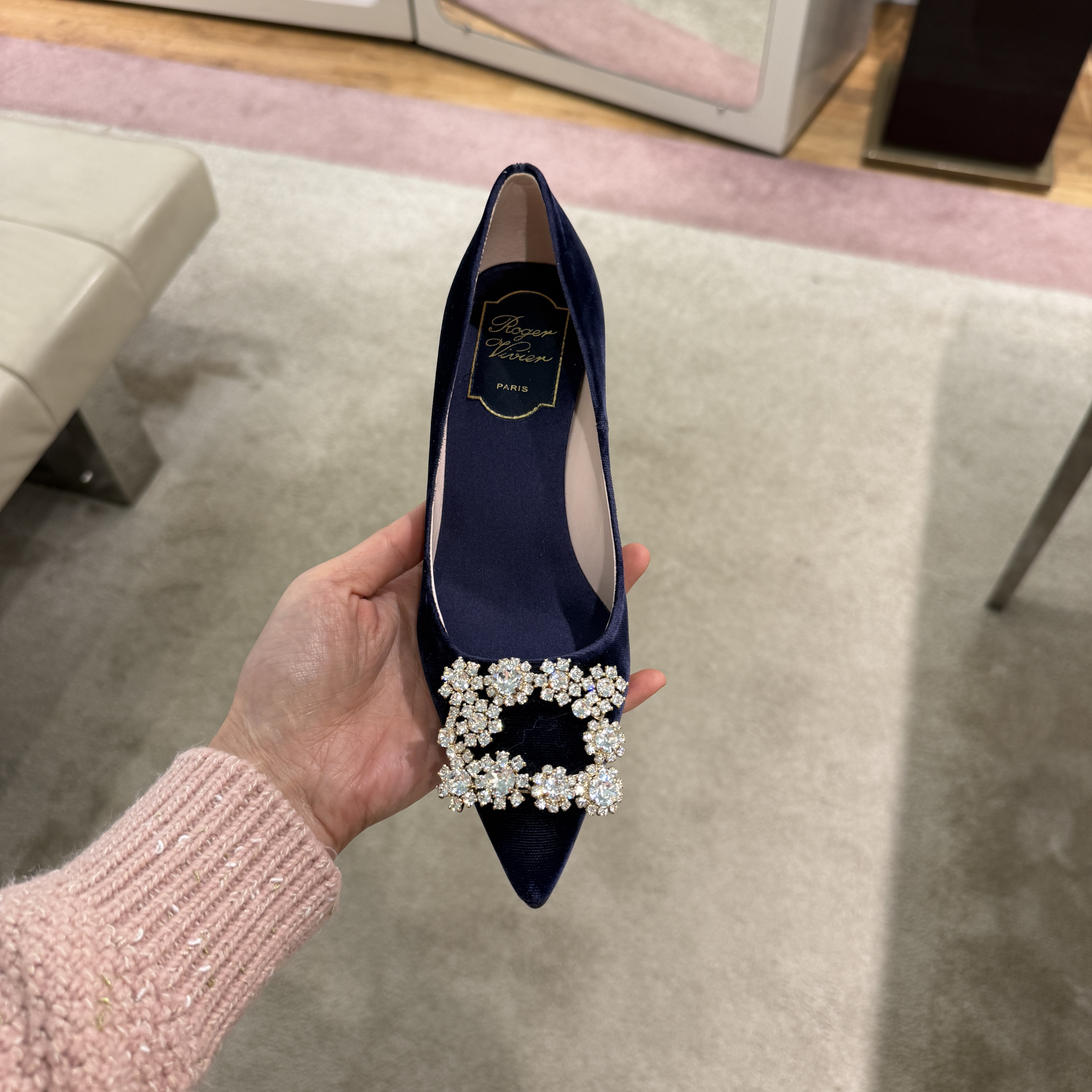 Roger Vivier RV flower efflorescence strass Heels velvet navy 65mm