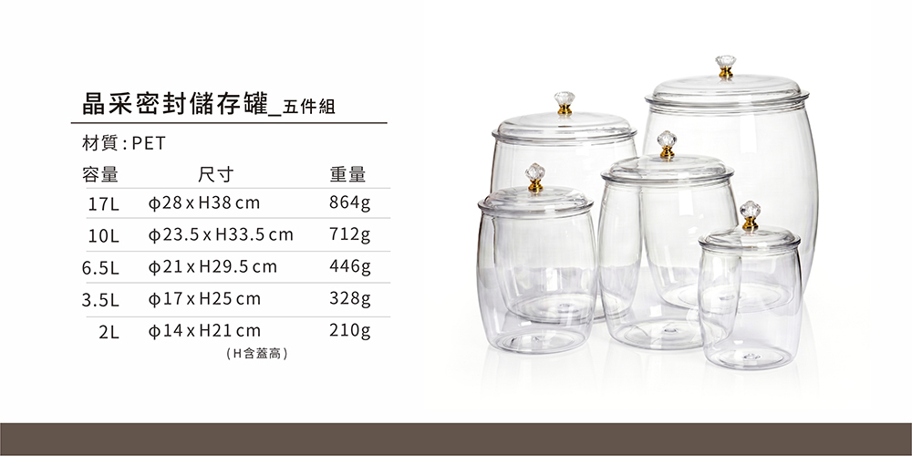 晶采密封儲存罐五件組尺寸展示，包含17L、10L、6.5L、3.5L與2L。