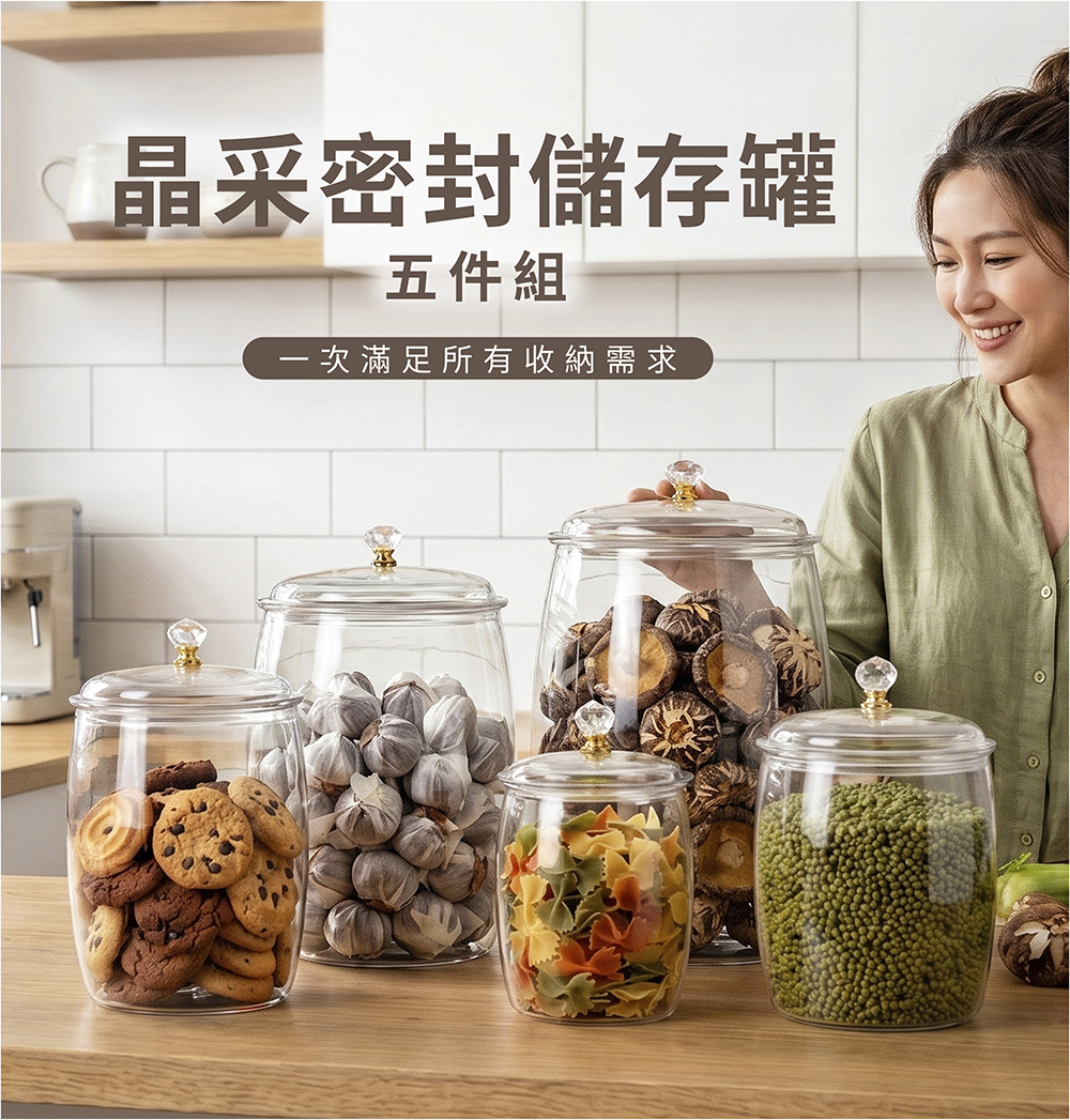 晶采密封儲存罐五件組展示，透明PET罐收納餅乾、義大利麵、香菇與綠豆，多尺寸搭配便於分類收納