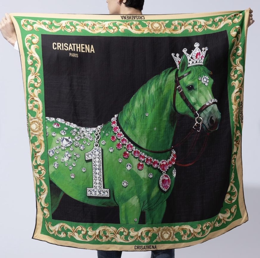 0519CT49-CRISATHENA-COLLECTION-Horse Scarf in Green,Black（A49)