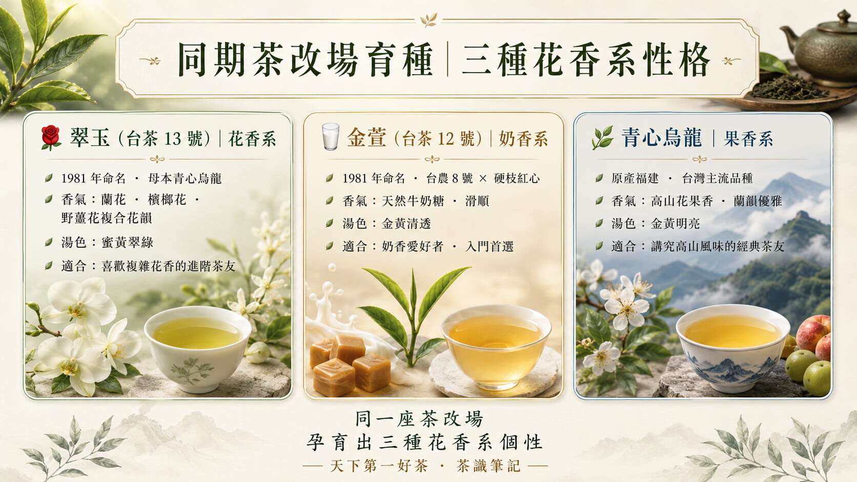 翠玉與金萱與青心烏龍三品種對照圖，台茶13號花香系、台茶12號奶香系、青心烏龍果香系的命名年代與風味差異