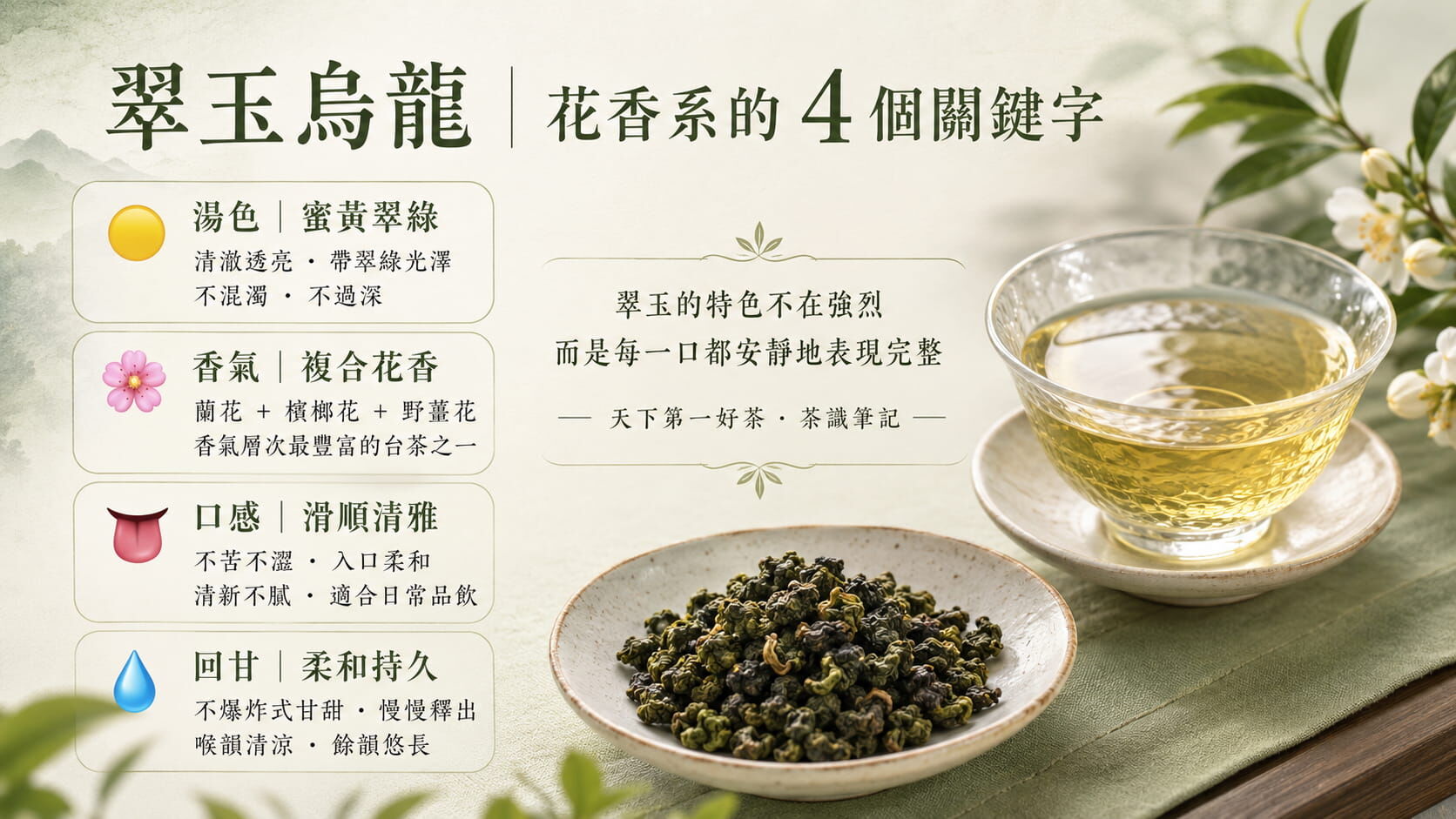 翠玉烏龍四大風味特色圖，湯色蜜黃翠綠、複合花香（蘭花檳榔花野薑花）、滑順口感、柔和回甘