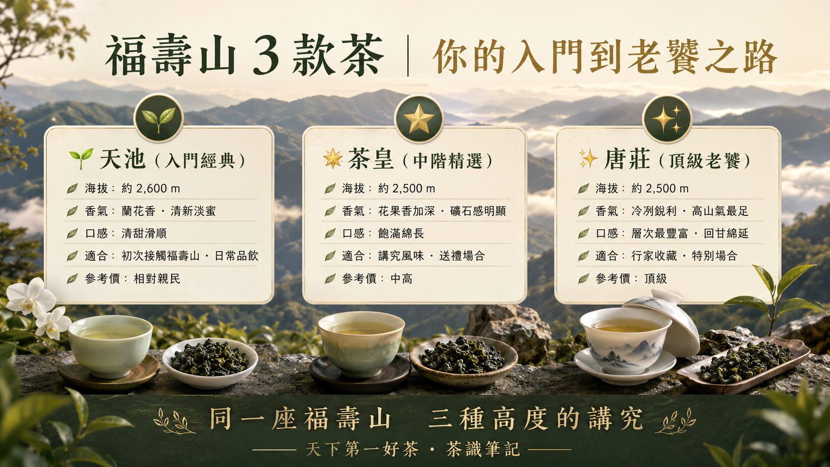 福壽山三款茶等級對照圖,天池入門經典、茶皇中階精選、唐莊頂級老饕的海拔、香氣、口感與適用場景