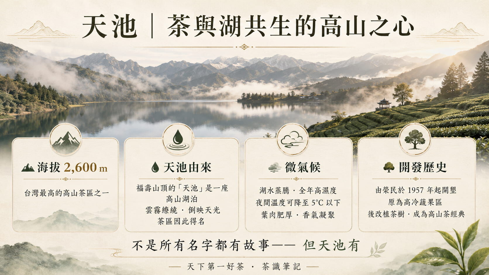 天池茶區命名與地理介紹圖,海拔2600公尺、天池高山湖泊由來、湖水蒸騰微氣候、榮民1957年開墾歷史