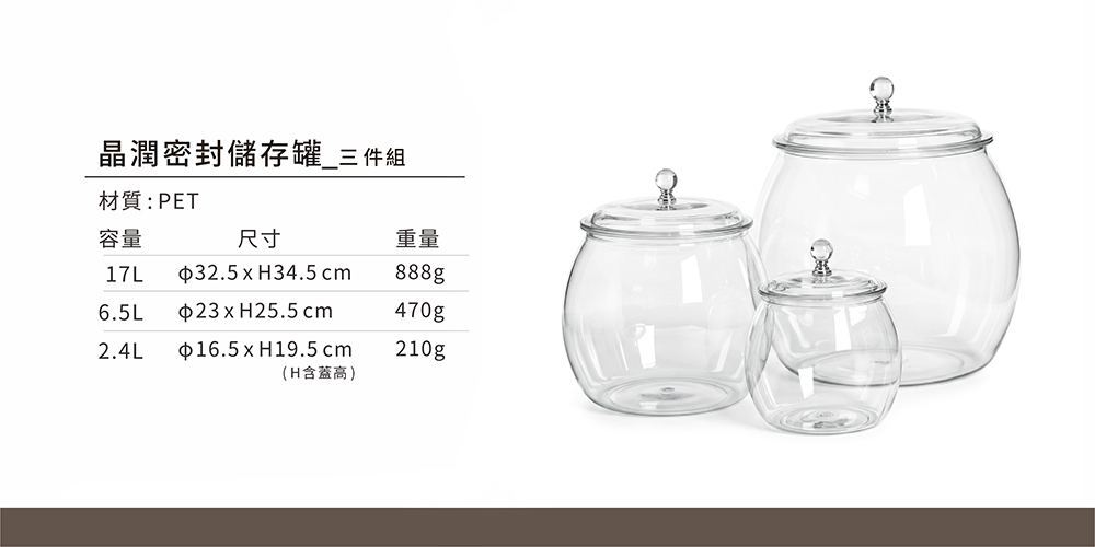 晶潤密封儲存罐三件組尺寸展示，包含17L、6.5L、2.4L。