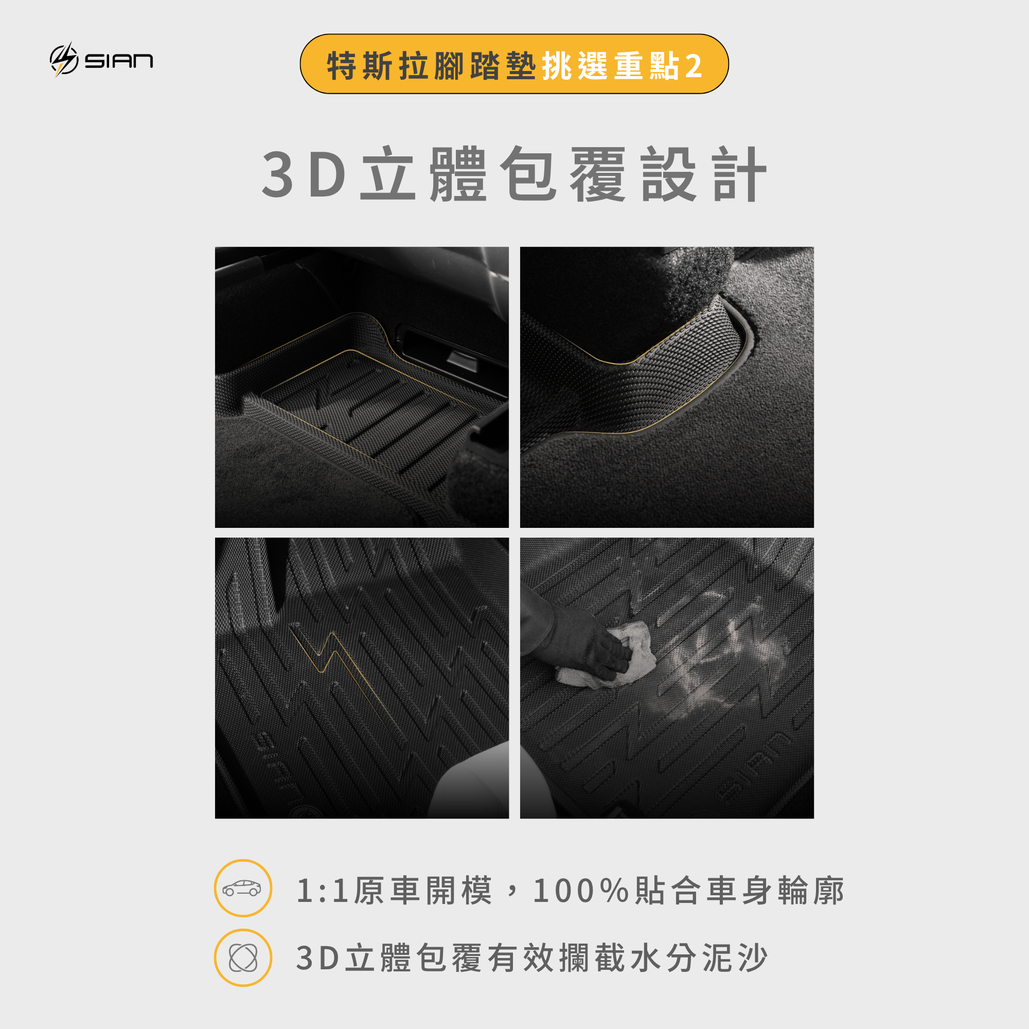 特斯拉腳踏墊-3D立體包覆設計，1比1原車開模精準貼合