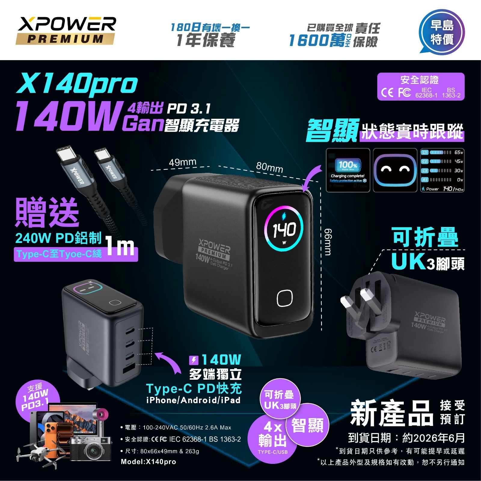 (預售產品)XPower PREMIUM 最新 X140Pro 140W GaN充電器 X140