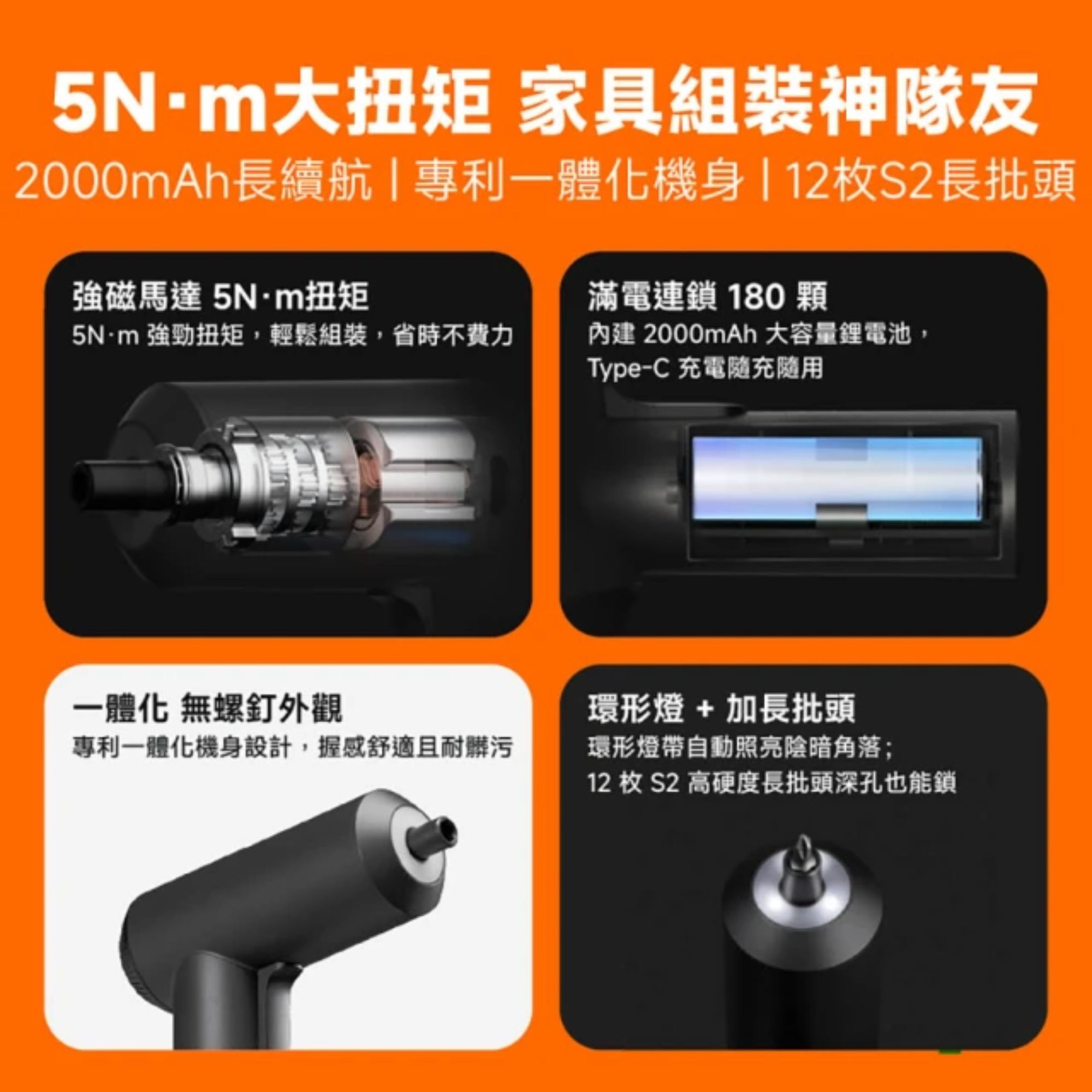 小米 Xiaomi 電動起子機 (一體成形/強磁馬達/5N.m扭矩/12枚S2鋼起子頭/2000mAh大容量電池)