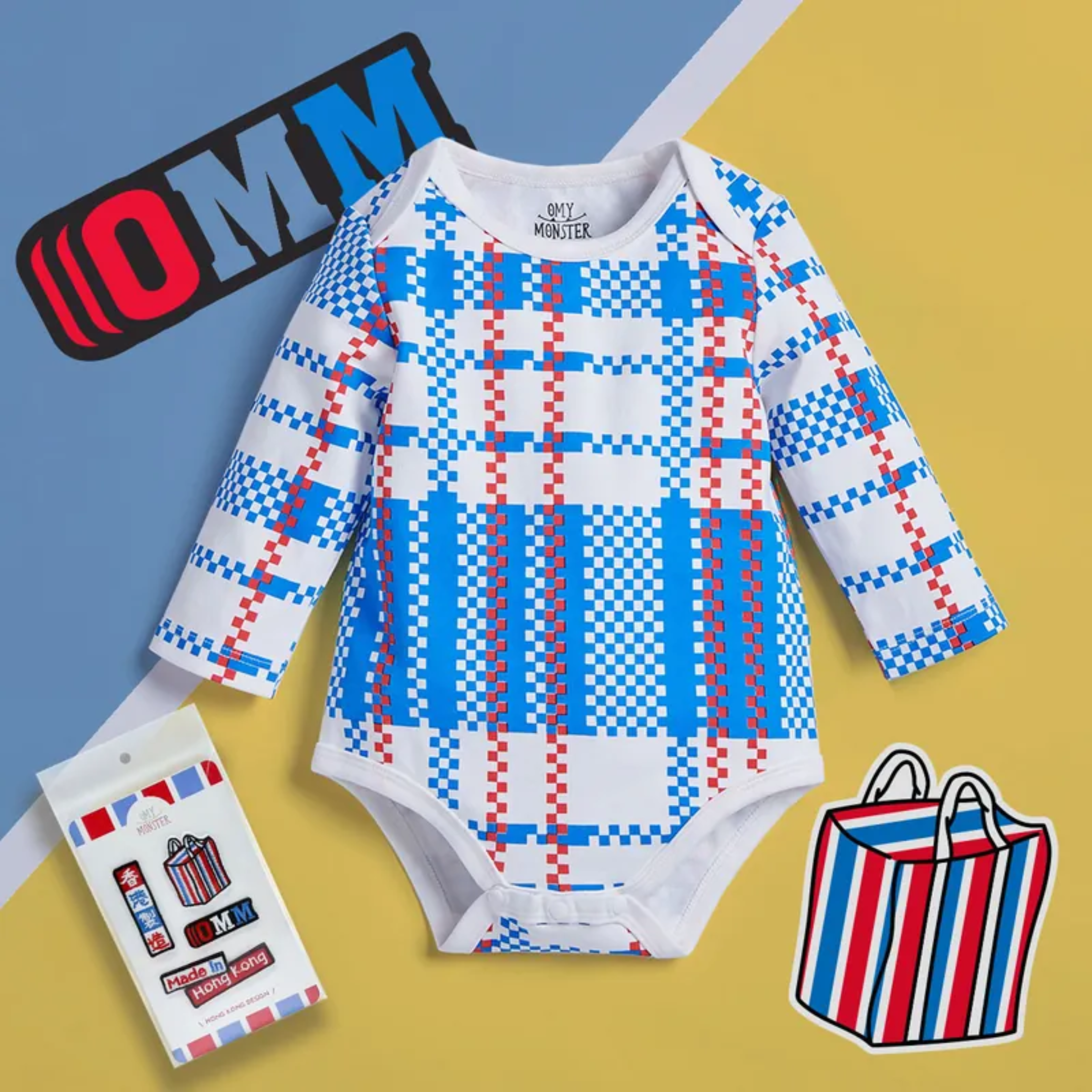OMYMONSTER rwb long-sleeve bodysuit (blue, 6-12m)