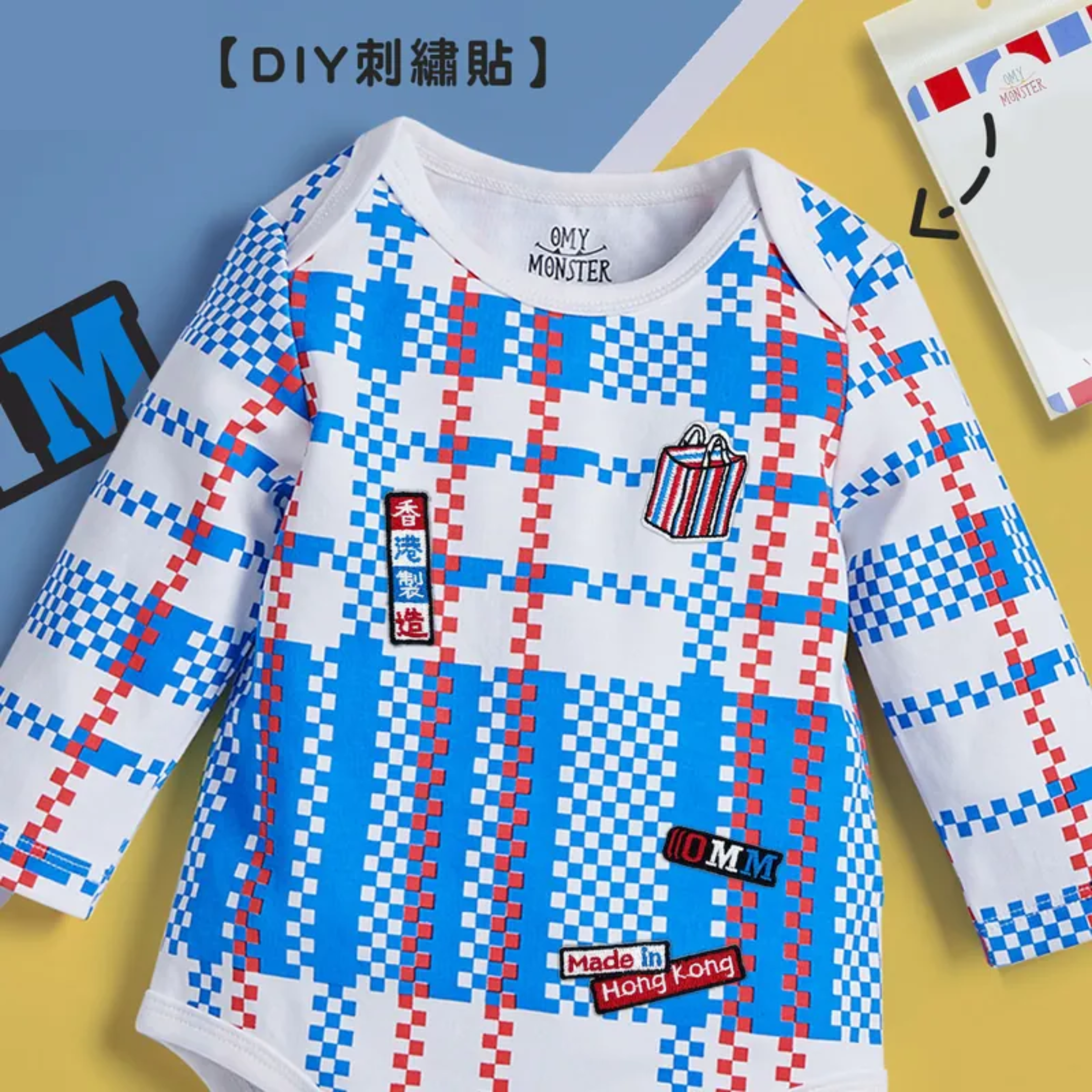 OMYMONSTER rwb long-sleeve bodysuit (blue, 12-18m)