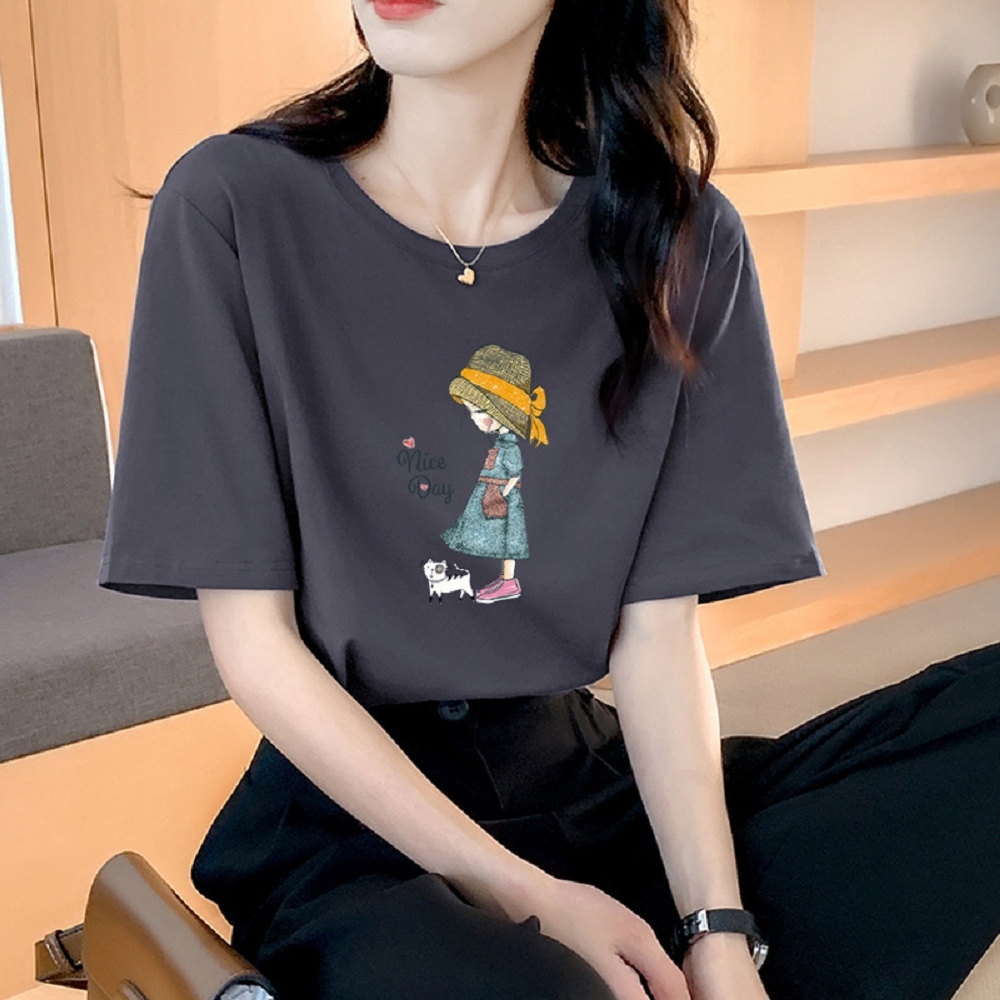 【ASister 小姊姊】AS2483#女裝｜純棉上衣☆圓領正肩*黑白灰女孩印花*T恤(多色 S-5XL)