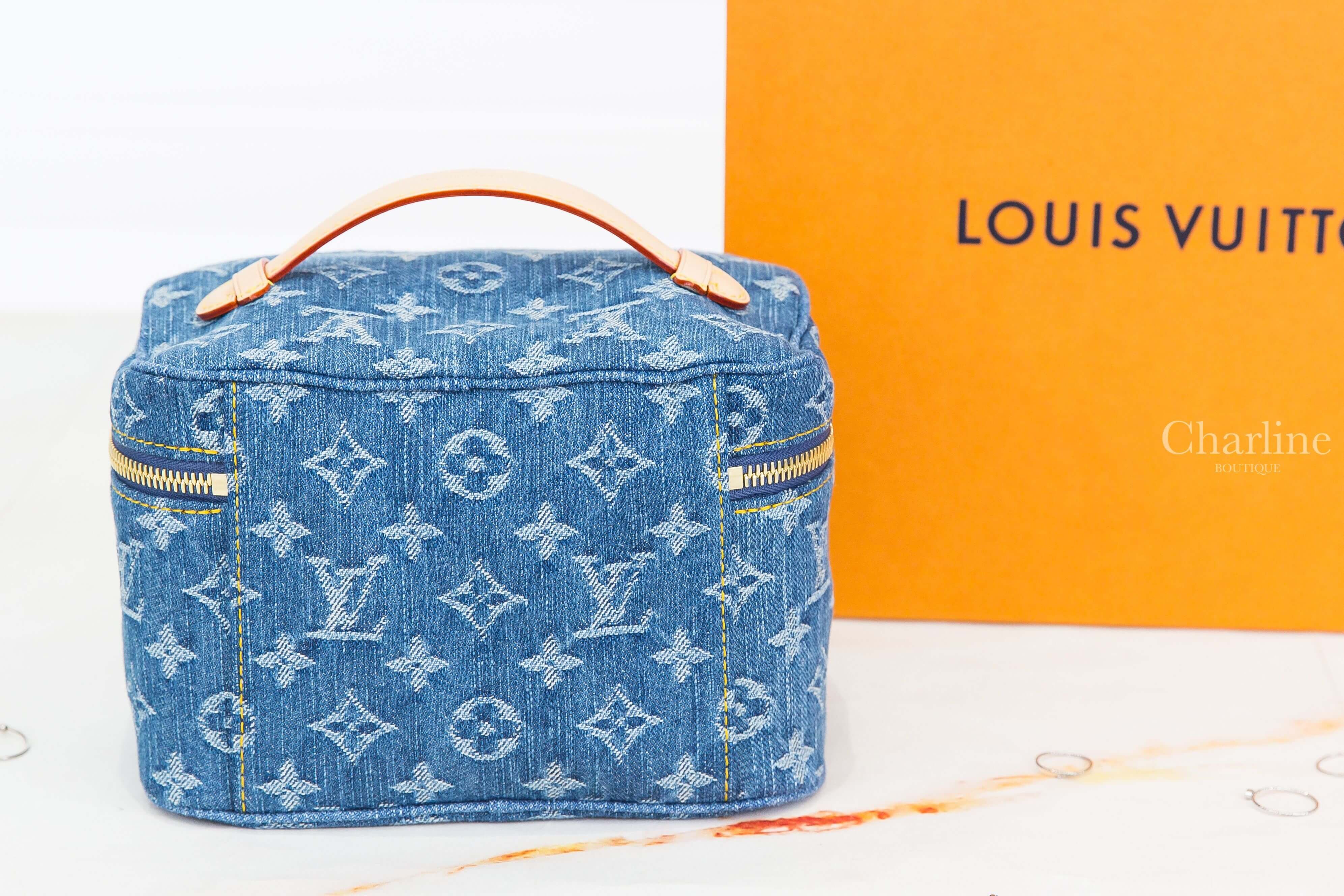 Louis Vuitton Nice Mini Beauty Case 丹寧藍牛仔布白色老花牛皮飾邊手提化妝包-Charline Boutique 精品代購