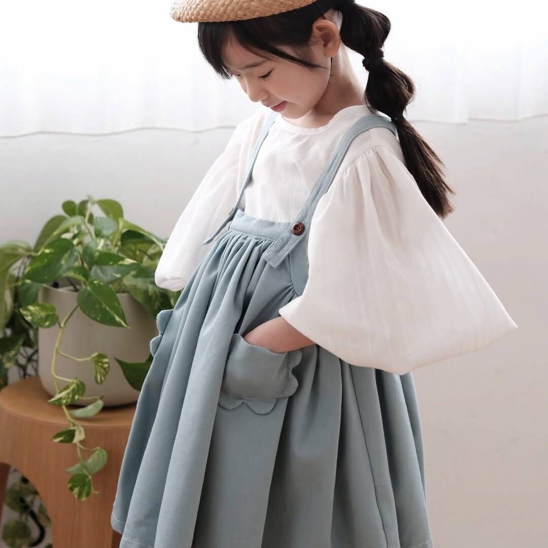 mes kids des fleurs 小花口袋吊帶裙 overall dress - blue
