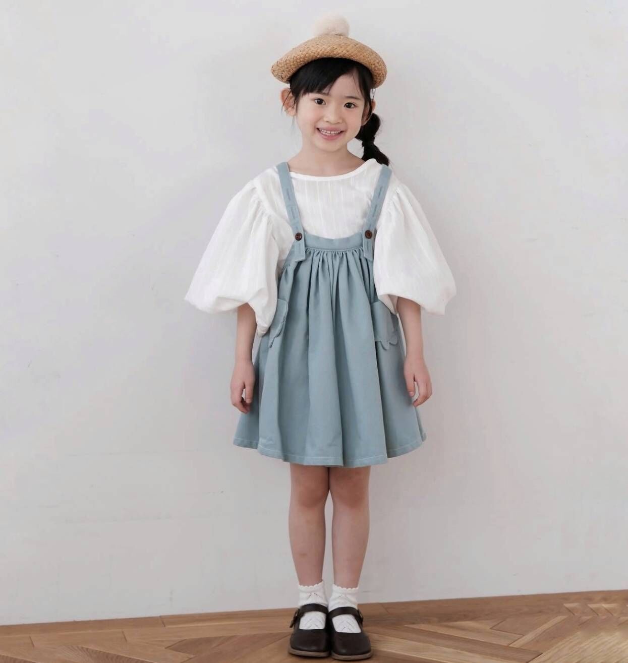 mes kids des fleurs 小花口袋吊帶裙 overall dress - blue