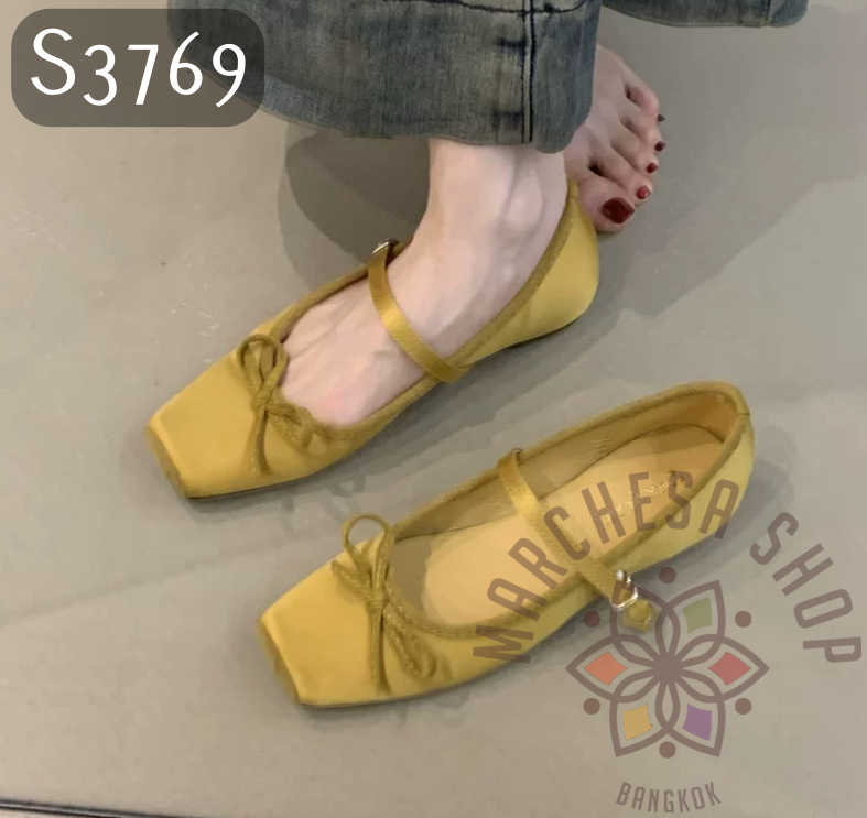 S3769 - 羊皮綢面蝴蝶結方頭平底鞋