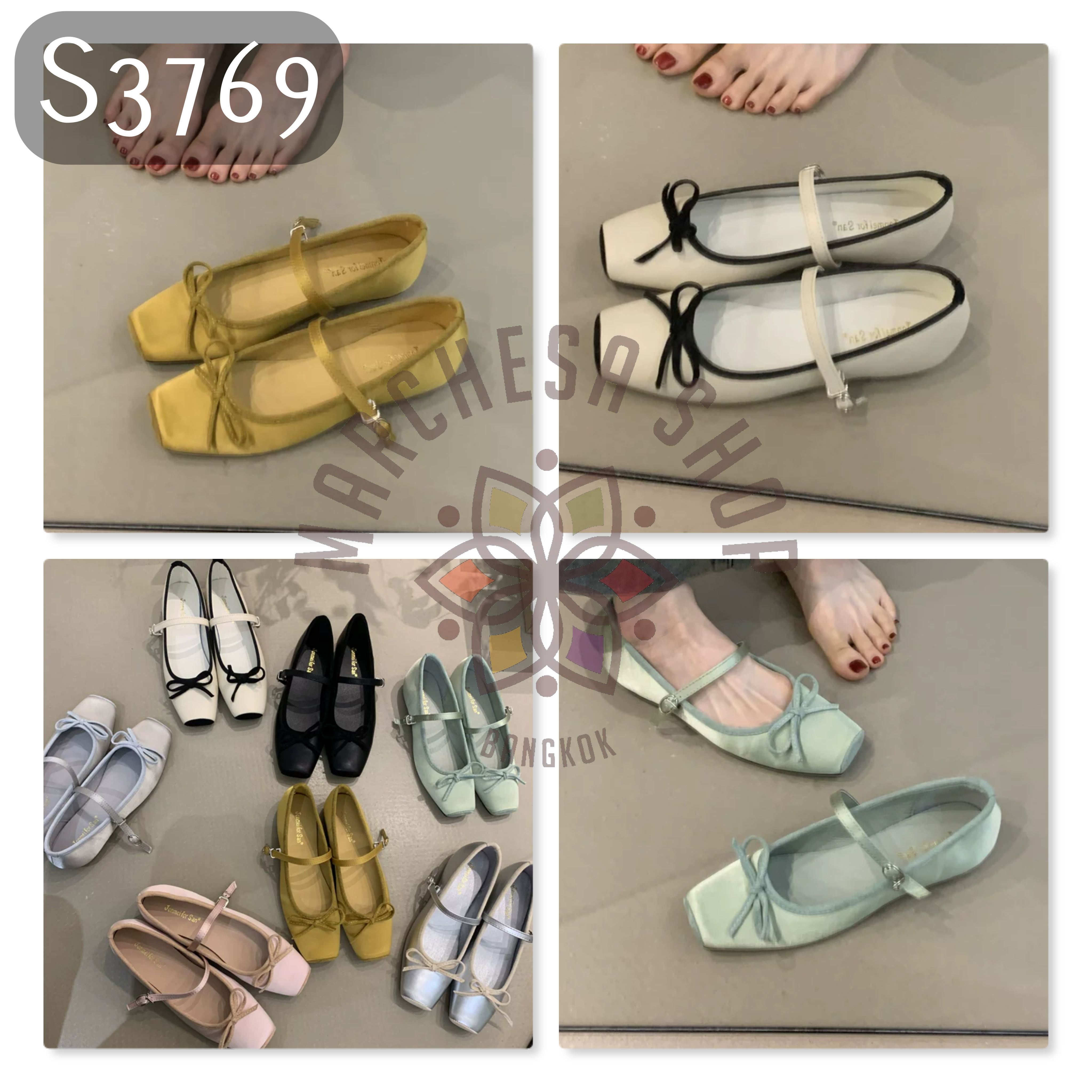 S3769 - 羊皮綢面蝴蝶結方頭平底鞋