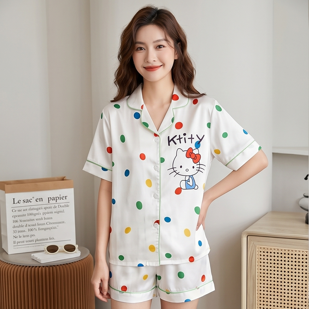 【Hello Kitty】滿版彩色圓點萌貓印花絲綢居家套裝