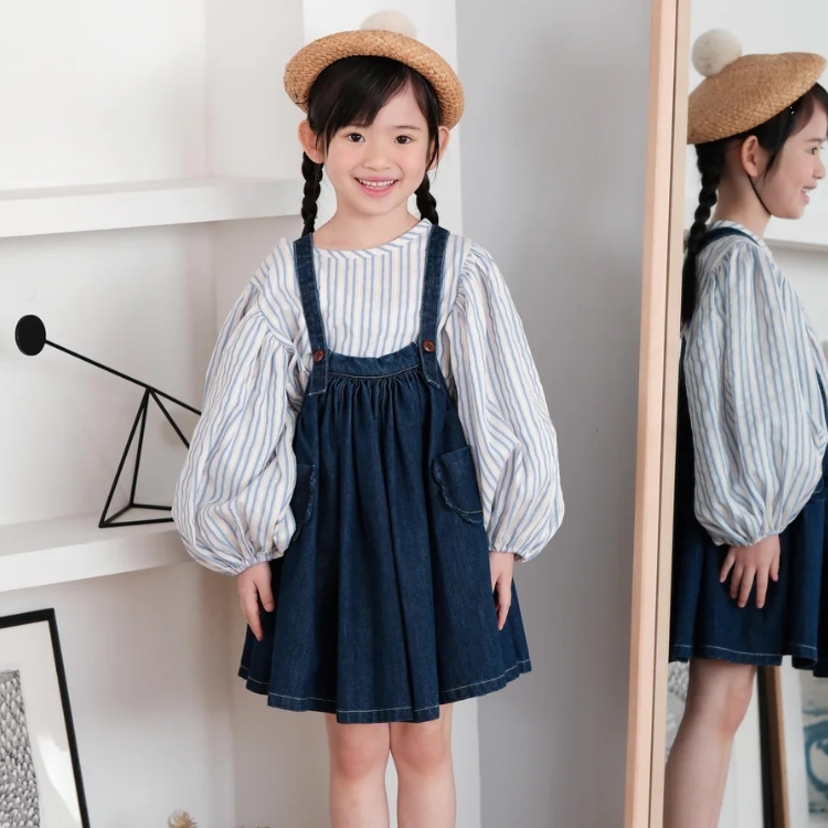 mes kids des fleurs 燈籠袖條紋圓領襯衫 Lantern-sleeved shirt - blue