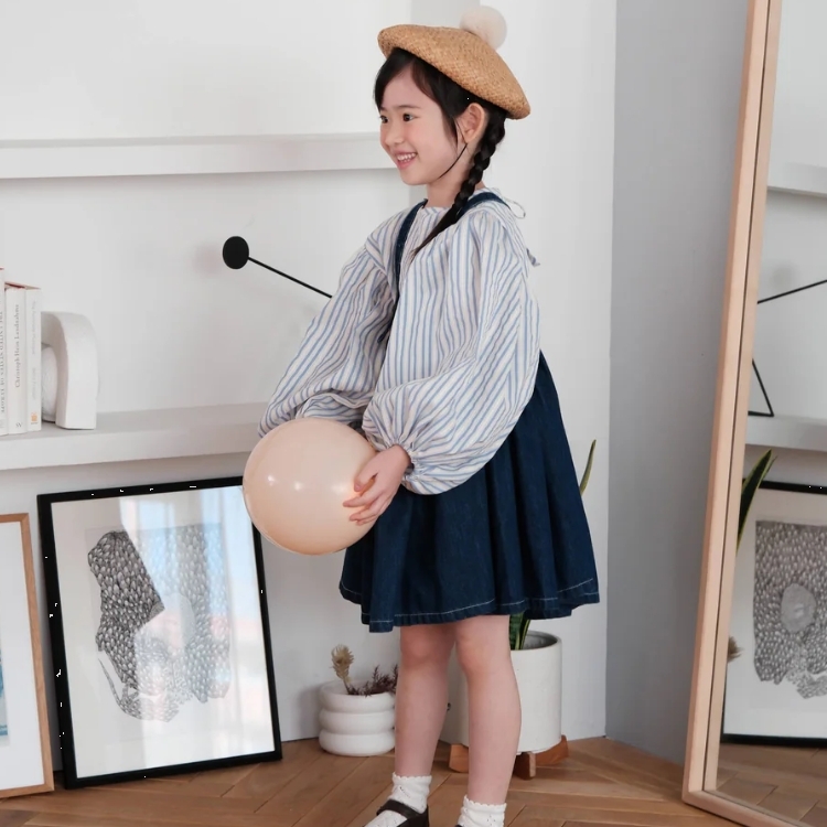 mes kids des fleurs 燈籠袖條紋圓領襯衫 Lantern-sleeved shirt - blue