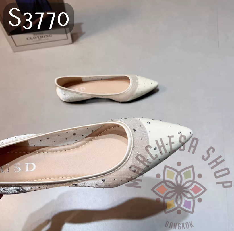 S3770 - 羊皮網紗水鑽尖頭平底鞋