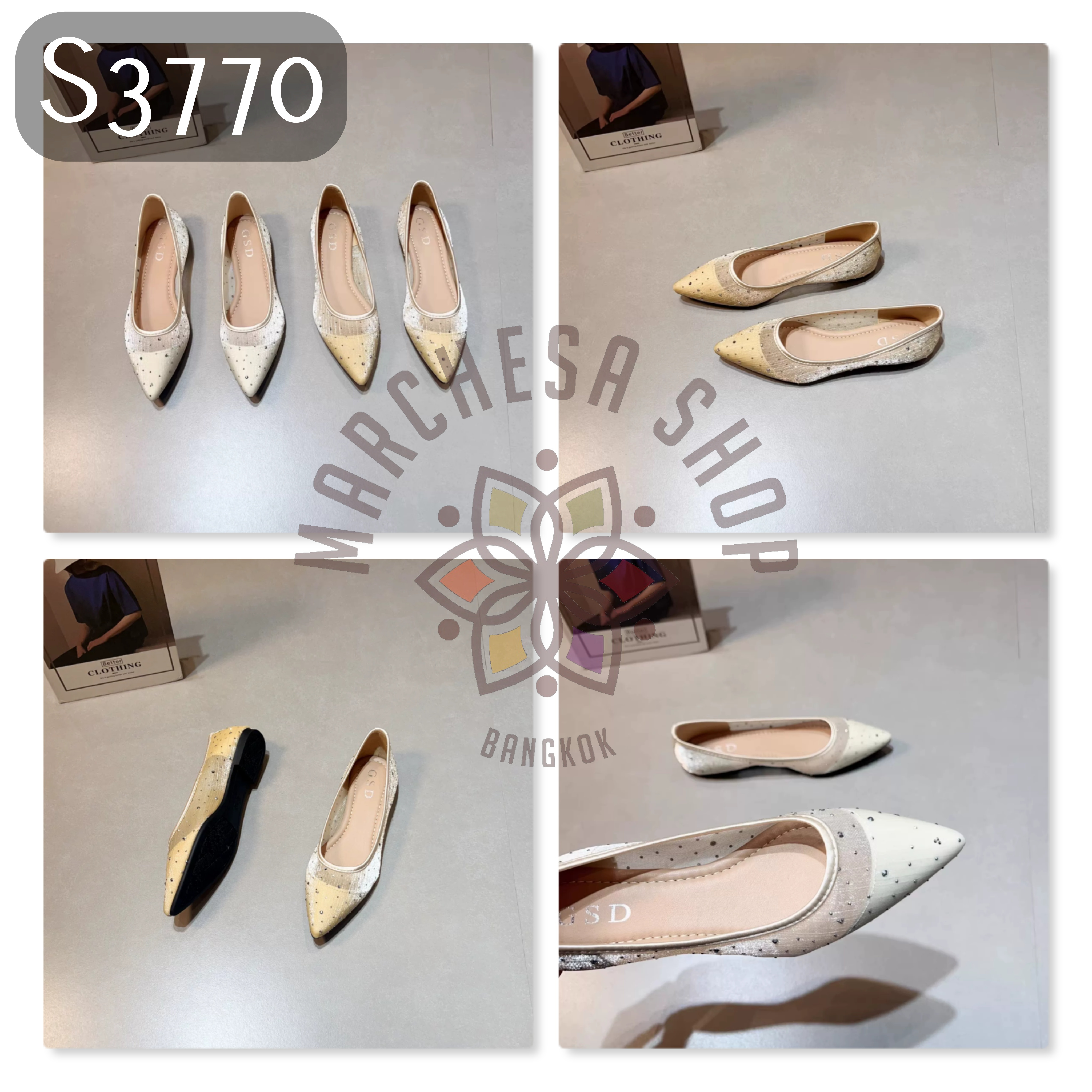 S3770 - 羊皮網紗水鑽尖頭平底鞋