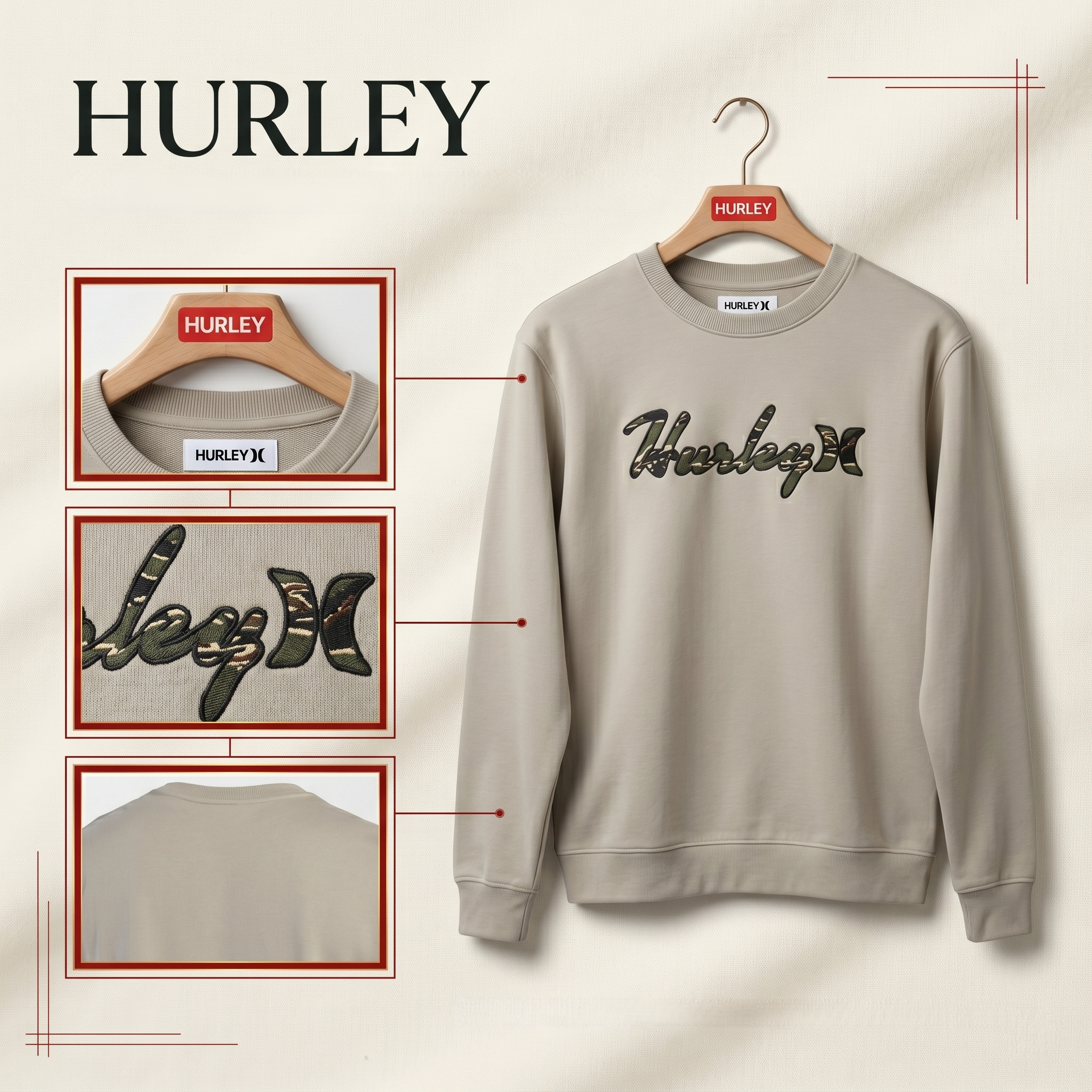 【預購】Hurley H051914 男裝復古圓領長袖上衣（淺灰色）