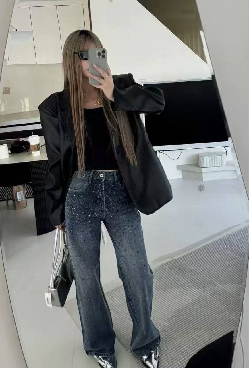 高腰顯瘦 滿鑽直筒牛仔褲