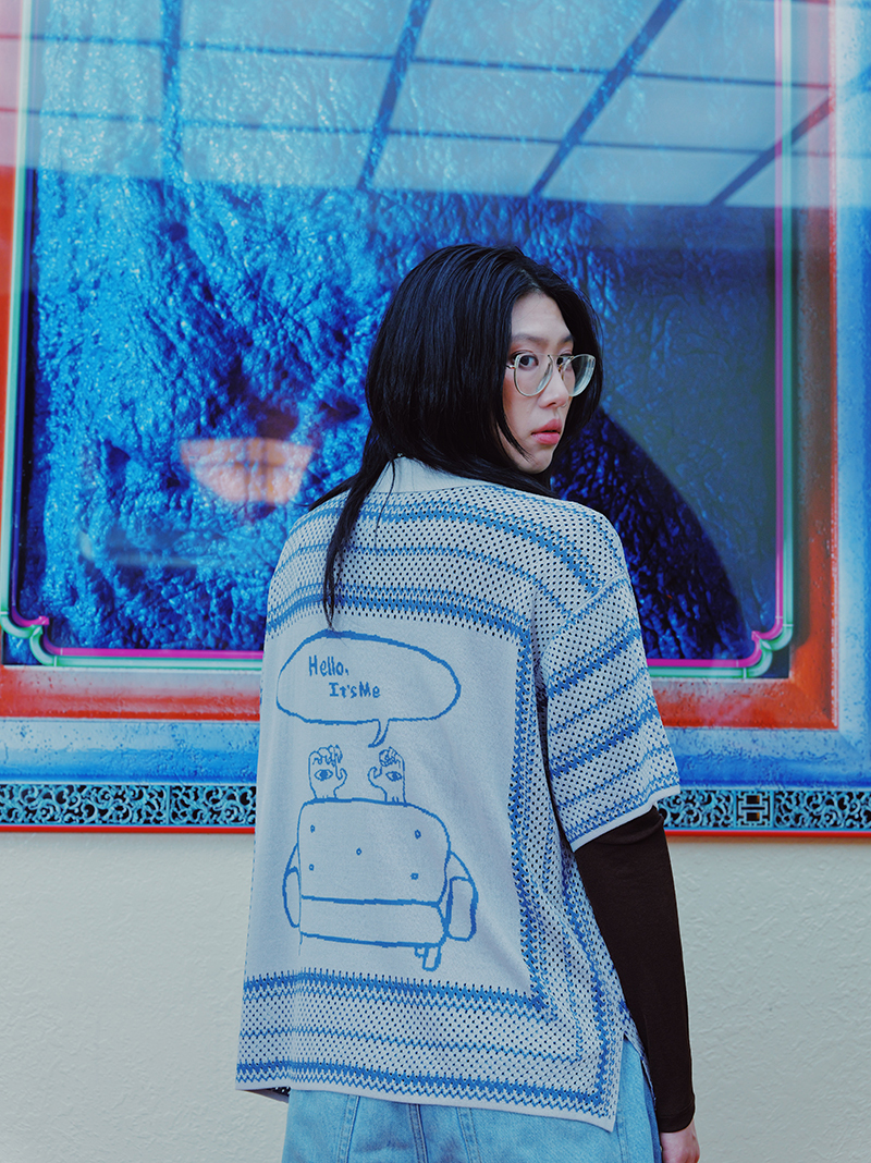 [Ueno Kosei] Hello, It's Me. Mesh Knit Shirt Grey Blue