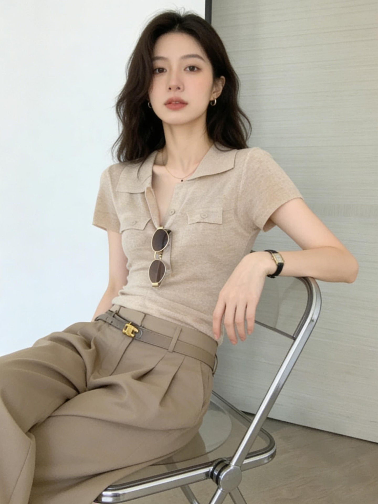 老錢風慵懶 薄針織襯衫領短袖上衣(多色)