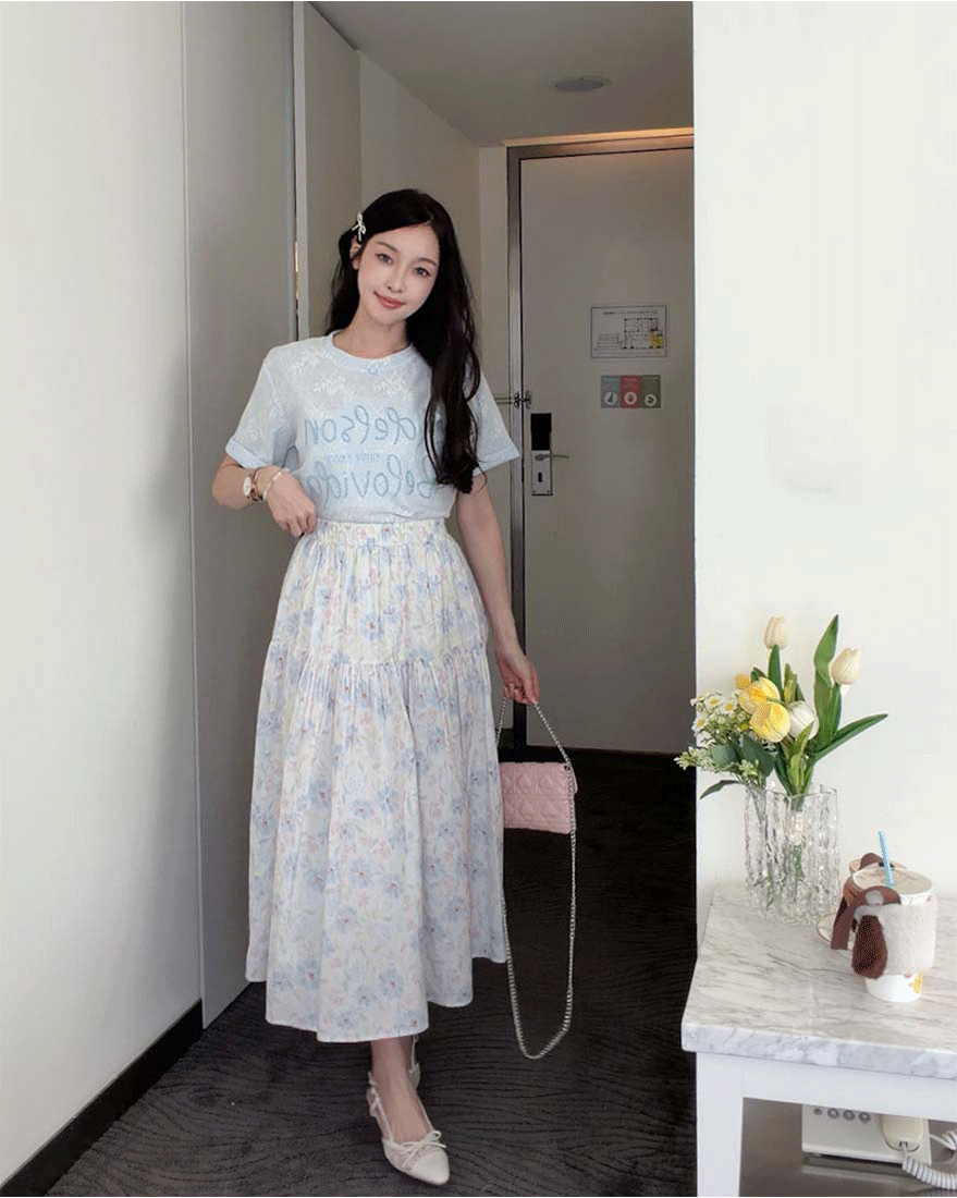 LINA LINA柔美眷戀滿版暈染花朵鬆緊長裙-淡雅藍