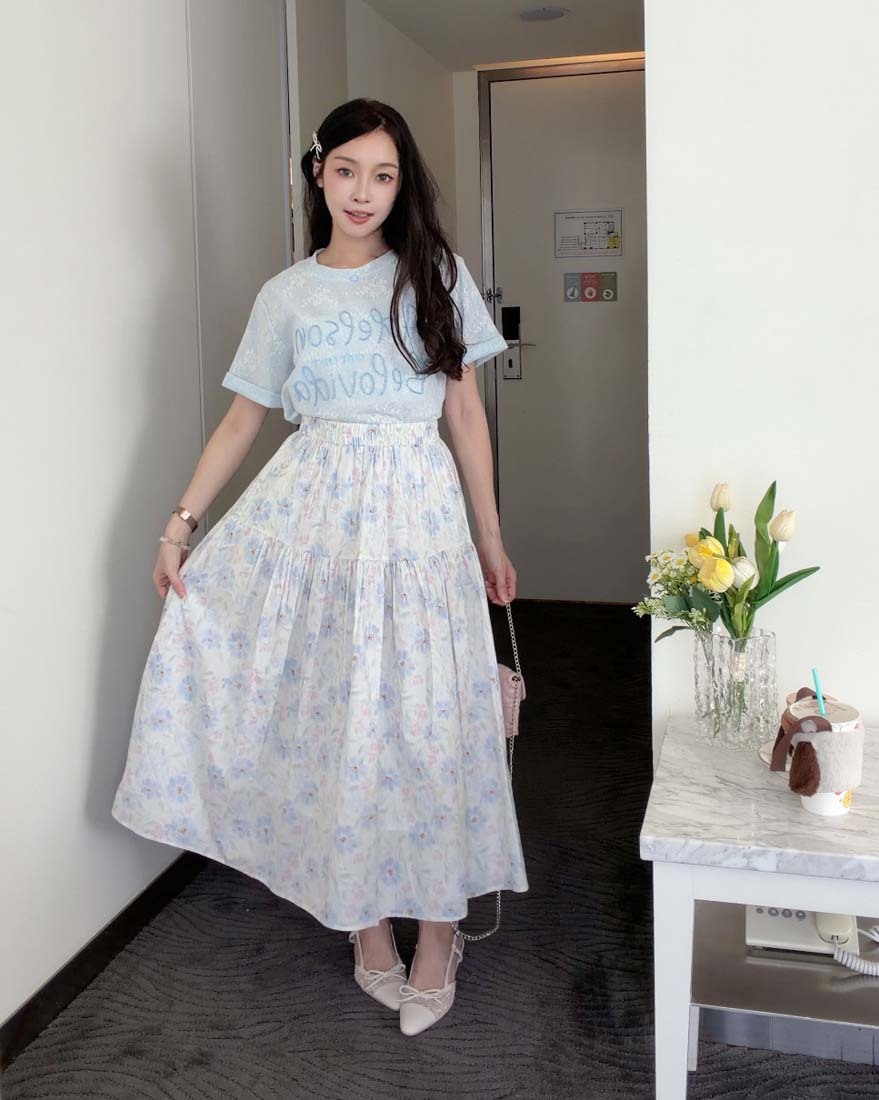 LINA LINA柔美眷戀滿版暈染花朵鬆緊長裙-淡雅藍