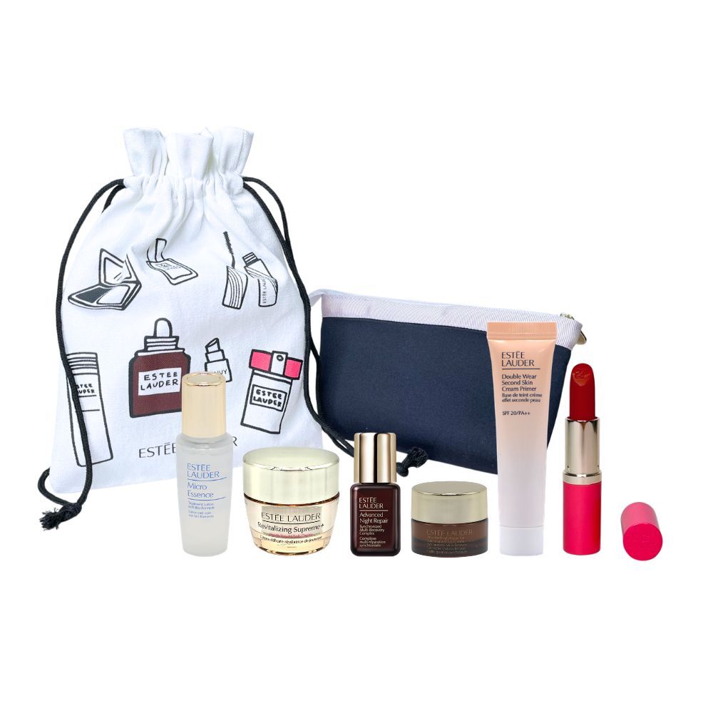 EsteeLauder 雅詩蘭黛旅行六件組(小棕眼 5ml+乖乖乳 15ml+絕美奢潤精萃唇膏#333 楓葉紅棕 3.5g+膠原霜 15ml+小棕瓶 7ml+原生露 15ml)  組合限定贈化妝包 X1 (隨機出貨/恕不挑款)