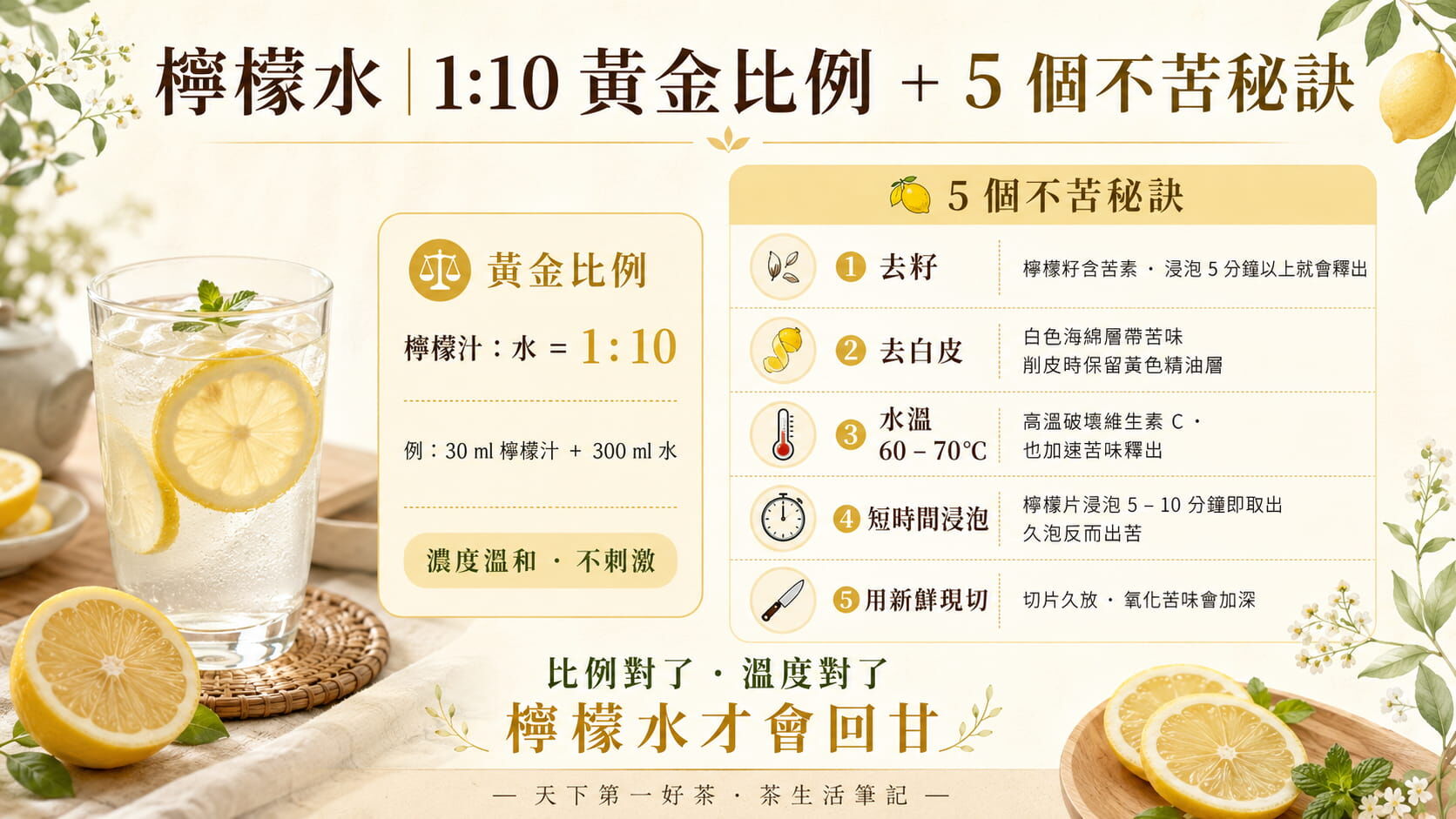 檸檬水黃金比例與五大不苦秘訣圖，1比10比例、去籽、去白皮、水溫60至70度、短時間浸泡、現切
