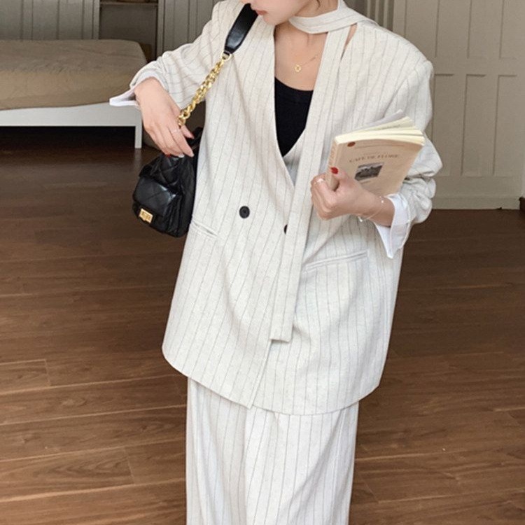 條紋中性 寬鬆西裝套裝(2件組)