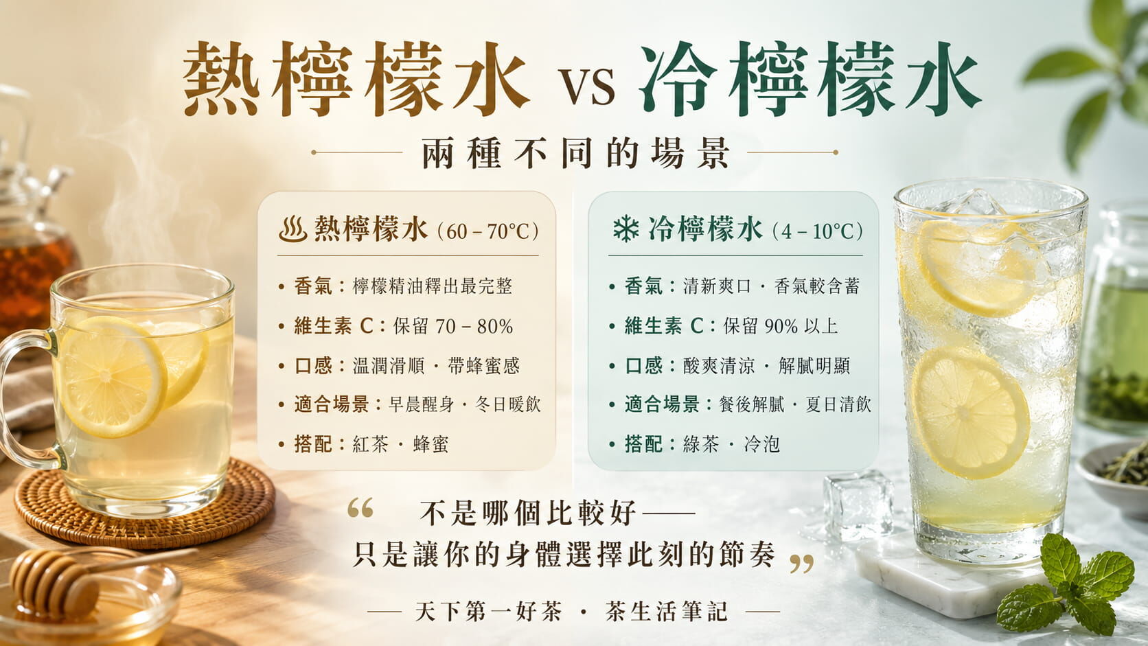 熱檸檬水與冷檸檬水對照圖，香氣、維生素C保留率、口感、適合場景、茶葉搭配的差異