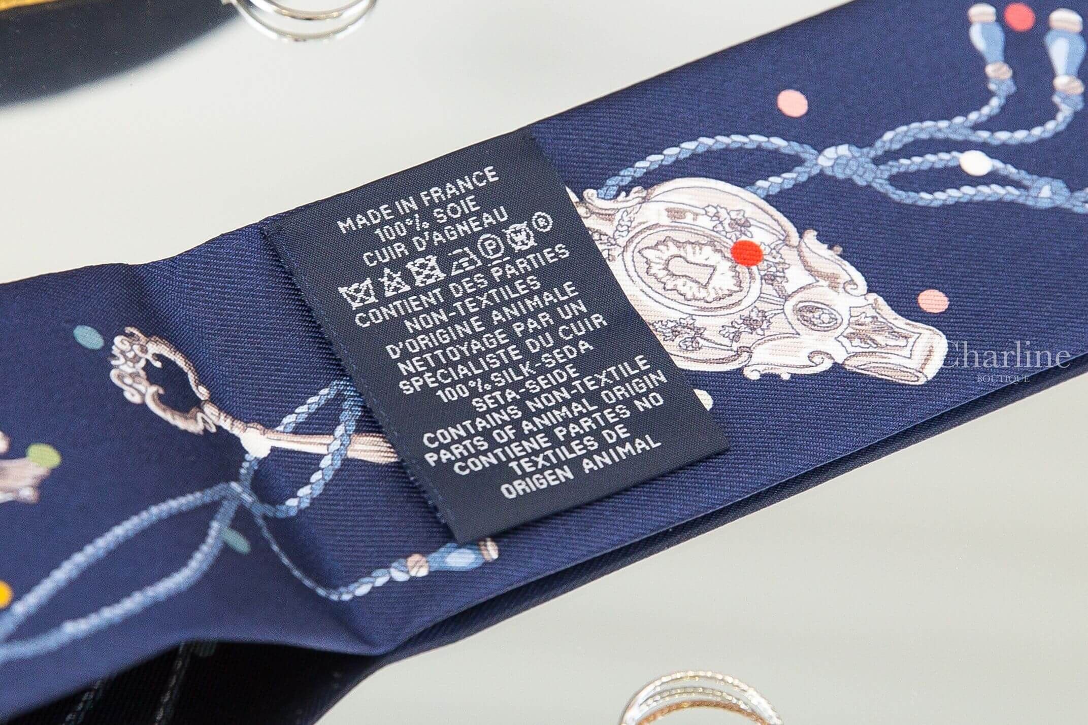 Hermès Les Cles A Pois Leather Fringes Twilly 海軍藍/銀灰/彩色圓點鑰匙皮革流蘇絲巾-Charline Boutique 精品代購