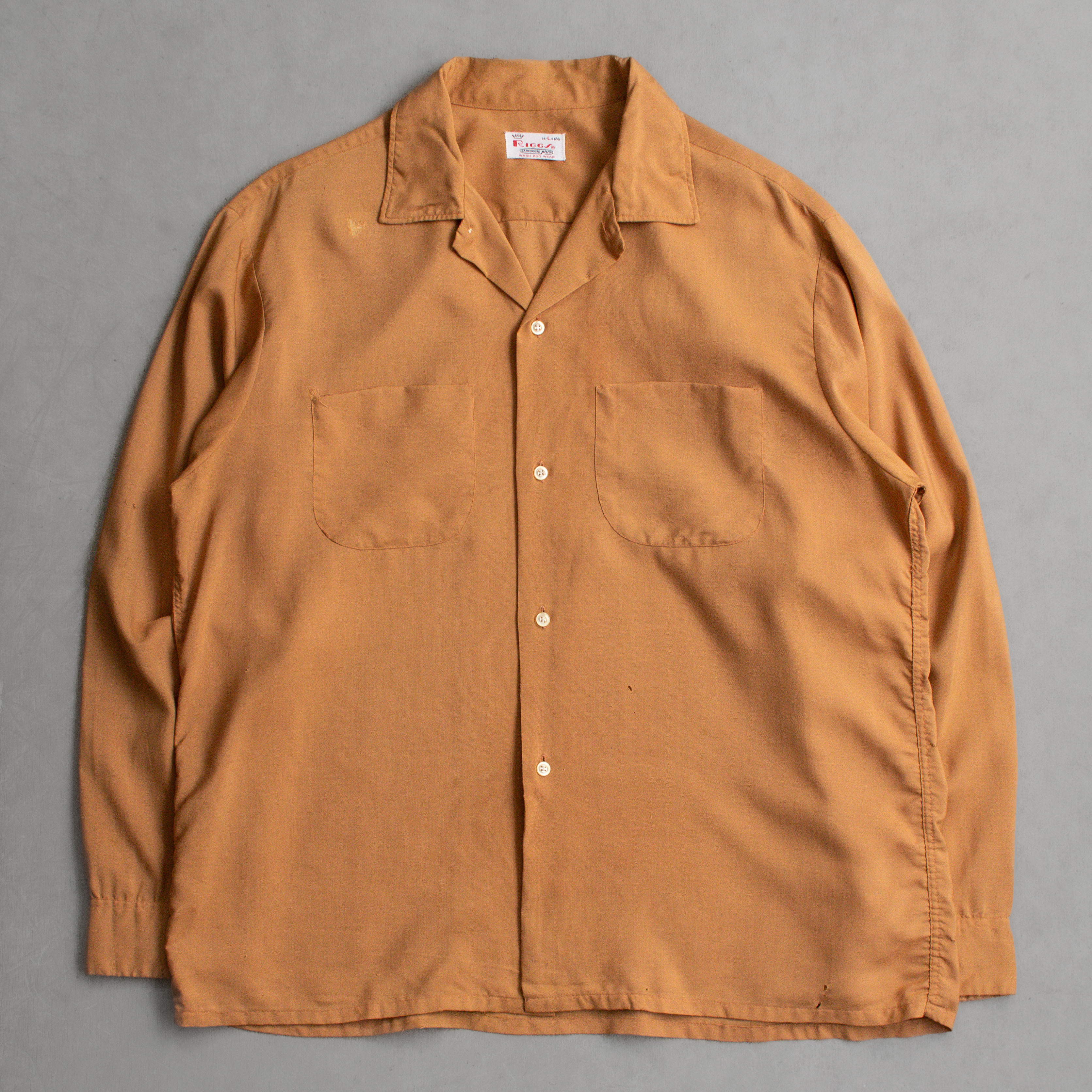 60-70S VINTAGE RAYON OPEN SHIRT 美國 駝色 開領 長袖 襯衫
