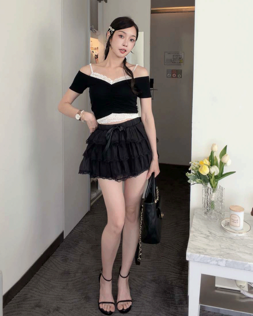 LINA LINA甜心歐蕾層次蕾絲網紗蝴蝶結短裙-夜幕黑