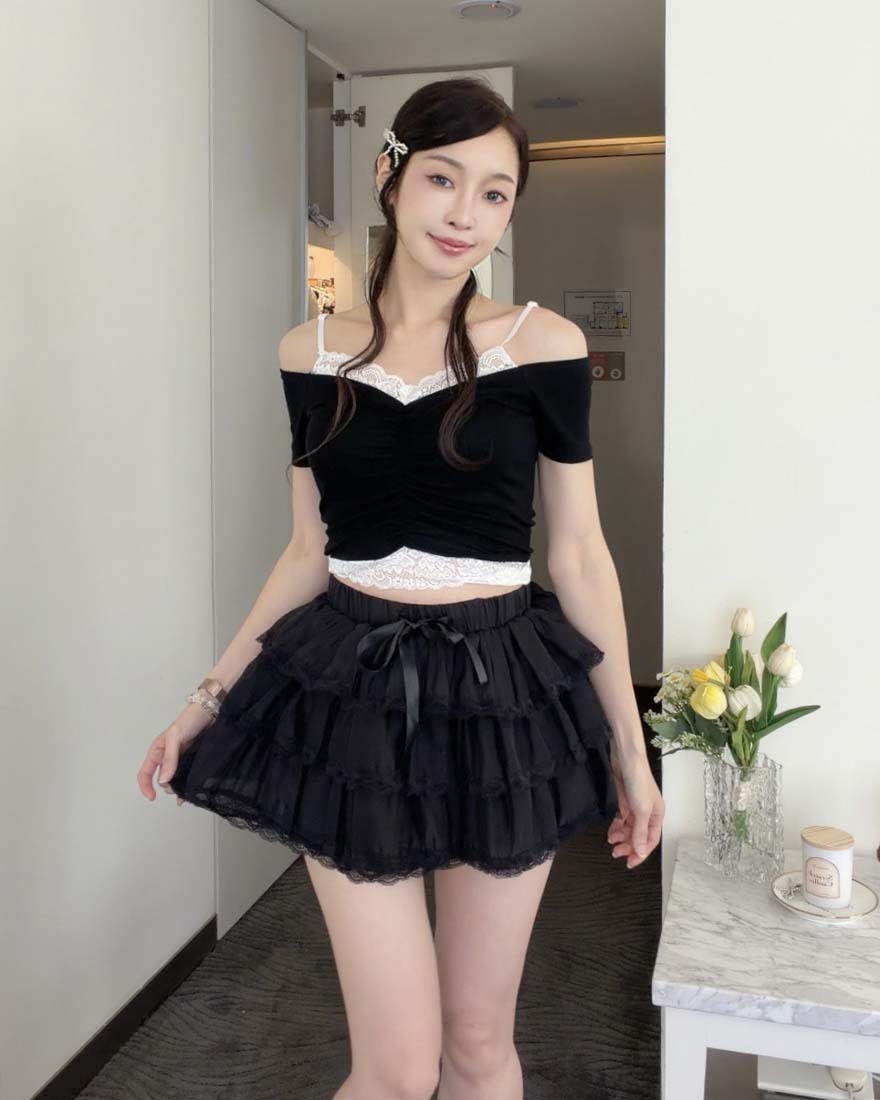 LINA LINA甜心歐蕾層次蕾絲網紗蝴蝶結短裙-夜幕黑
